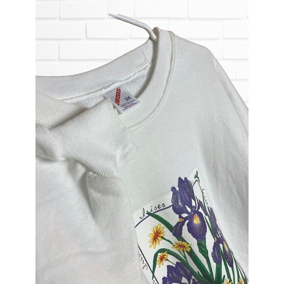 Vintage Jerzees Size 2X Puff Print Irises Flower Crewneck Sweatshirt White - Picture 10 of 10